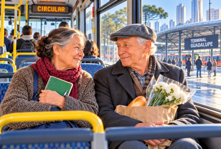 Ilustração de um ônibus parado no Terminal Guadalupe, em Curitiba, numa manhã de geada, com uma senhora de casaco de lã sentada junto à janela.
