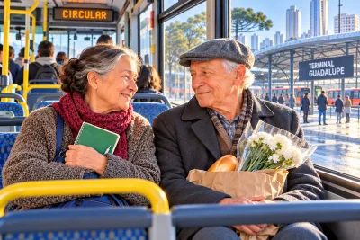 Ilustração de um ônibus parado no Terminal Guadalupe, em Curitiba, numa manhã de geada, com uma senhora de casaco de lã sentada junto à janela.