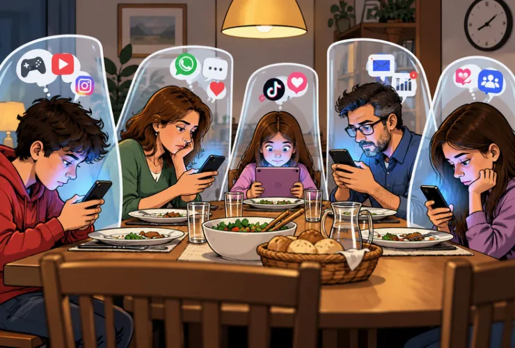 Família reunida à mesa com integrantes concentrados nos celulares, ilustrando os efeitos do uso excessivo de telas na convivência social.