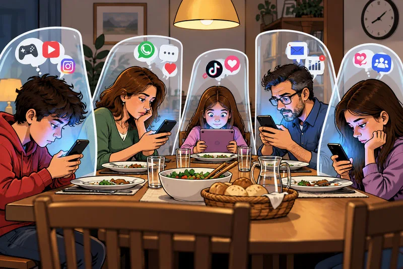 Família reunida à mesa com integrantes concentrados nos celulares, ilustrando os efeitos do uso excessivo de telas na convivência social.