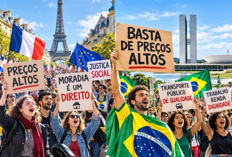 Ilustração de manifestações contra o custo de vida na Europa e no Brasil, com cartazes sobre preços altos, moradia, transporte e justiça social, além das bandeiras da França e do Brasil.
