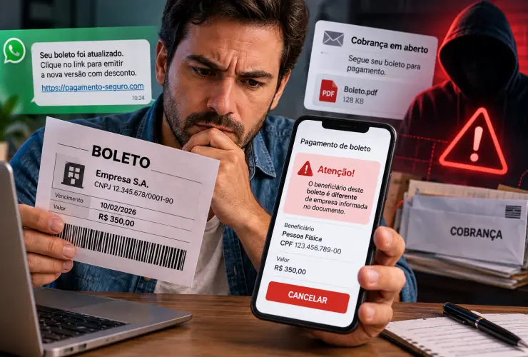 Ilustração de um consumidor conferindo um boleto no celular antes de efetuar o pagamento.
