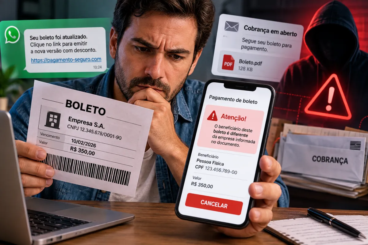 Ilustração de um consumidor conferindo um boleto no celular antes de efetuar o pagamento.