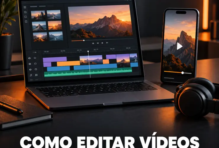 Ilustração de notebook com linha de edição de vídeo, celular e fones de ouvido