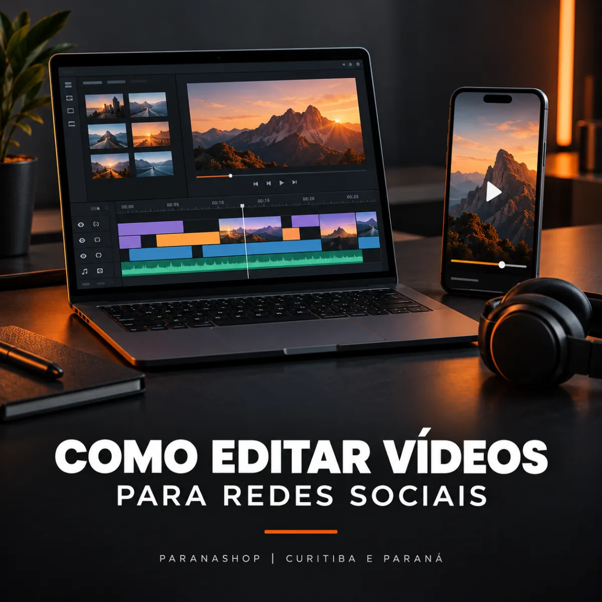 Ilustração de notebook com linha de edição de vídeo, celular e fones de ouvido