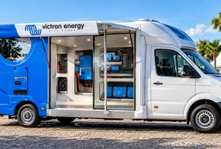 Motorhome branco e azul com compartimento aberto mostrando equipamentos tecnológicos de energia.