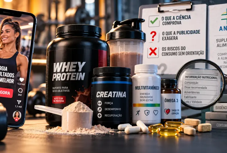 Suplementos alimentares, incluindo whey protein, creatina, multivitamínicos e ômega 3, ao lado de publicidade em redes sociais e informações sobre evidências científicas, segurança e regulamentação da Anvisa.