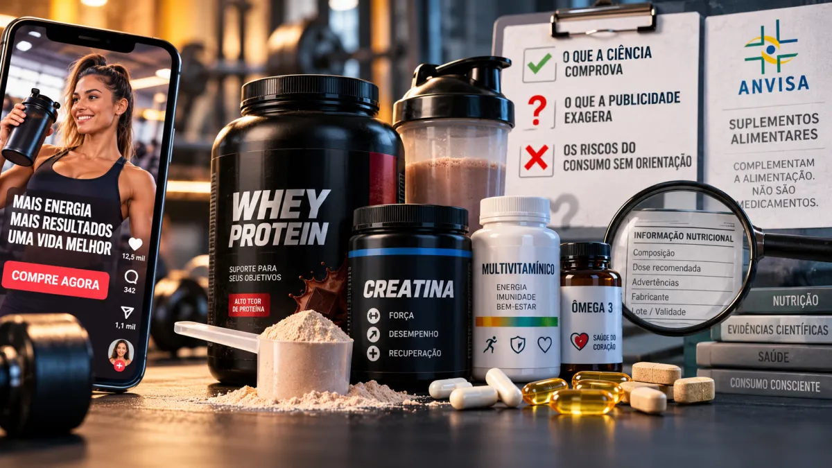 Suplementos alimentares, incluindo whey protein, creatina, multivitamínicos e ômega 3, ao lado de publicidade em redes sociais e informações sobre evidências científicas, segurança e regulamentação da Anvisa.