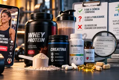 Suplementos alimentares, incluindo whey protein, creatina, multivitamínicos e ômega 3, ao lado de publicidade em redes sociais e informações sobre evidências científicas, segurança e regulamentação da Anvisa.